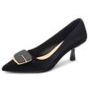 Metal Square Buckle Black High Heels Women's Slim Heels Professional Shoes Pointed Single Shoes
