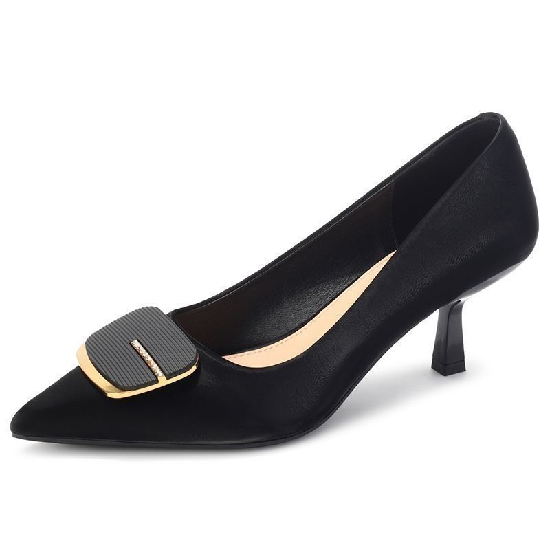 Metal Square Buckle Black High Heels Women's Slim Heels Professional Shoes Pointed Single Shoes