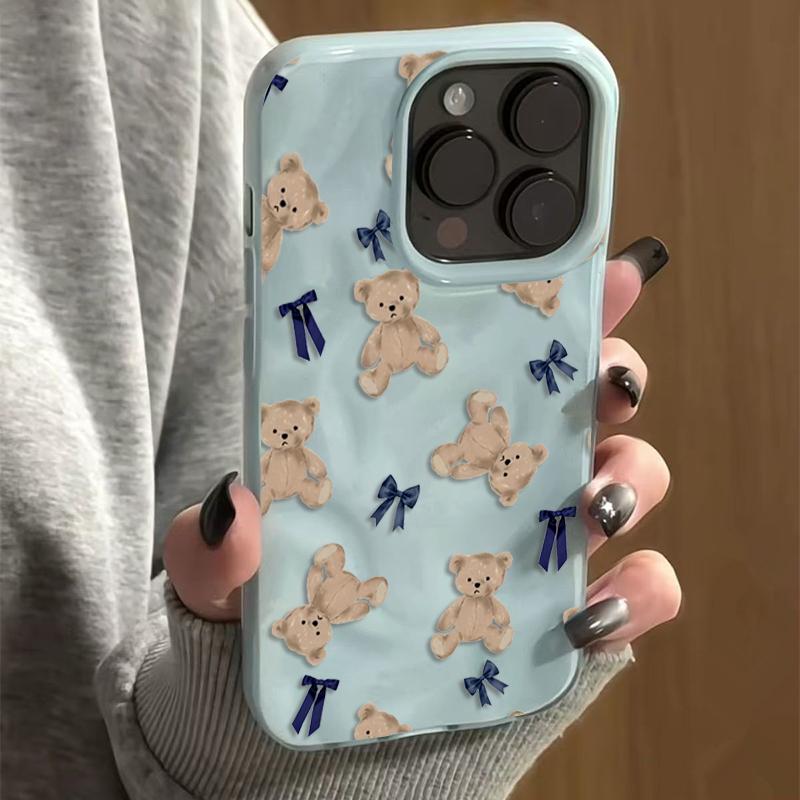 Adorable Cute Bear Pattern Folds Texture Phone Case For iPhone 17 16 15 Pro Max 14 Plus 13 12 11 16E 17 Air With Blue Bows Cover