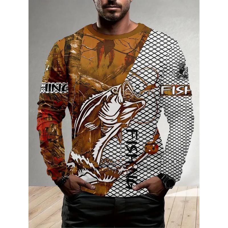 Men's Outdoor Fishing Long Sleeve T-shirts 3D Fish Print Round Neck Tshirt Summer Casual Loose Top Oversized Men Fishing Clothes