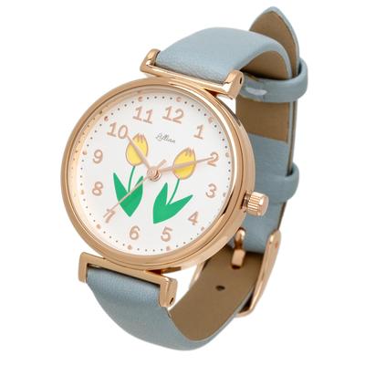 [Fieldwork] Damen-Armbanduhr Analog Leder Epo Blumenmuster Blau Lale YM117-4
