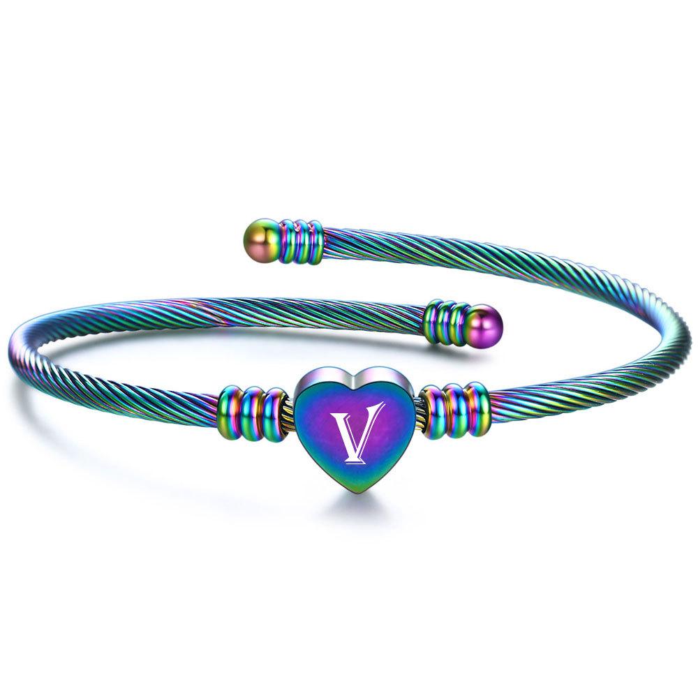 Color 26 Letter Simplicity Braided Cable Wire Titanium Steel Peach Heart Women's Bracelet