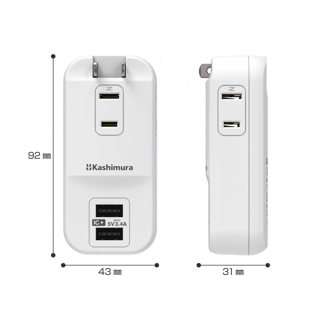 Kashimura Universal Travel Power Strip with 3 AC Outlets & Dual USB-A Ports 3.4A 100V-240V Portable Extension Cord NWM-35