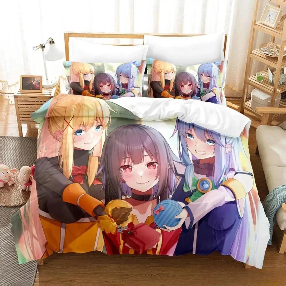 Trendy Lightweight King KonoSuba Cartoon Anime Three Piece Adult Kid Bedroom Sets 3D Print Kawaii Girls Size Bed Quilt