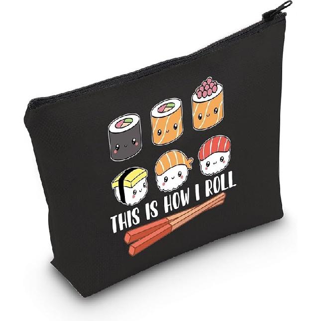 POFULL Sushi Lover Gift This Is How I Roll Cosmetic Bag Sushi Party Gift Japanese Cuisine Sushi Lover Gift (Sushi bag) Black Sushi Bag