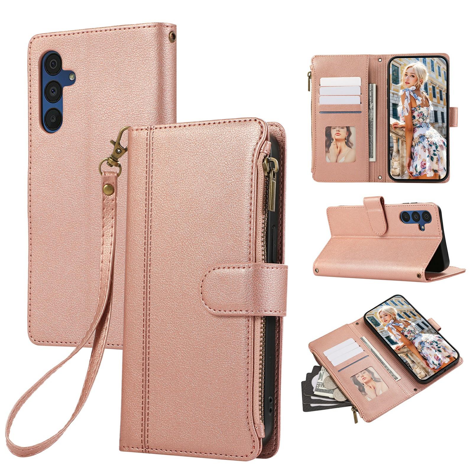 

For Samsung Galaxy A55 5G Case Multi Card Slots Zipper Leather Phone Cover with Wrist Strap Rose Gold