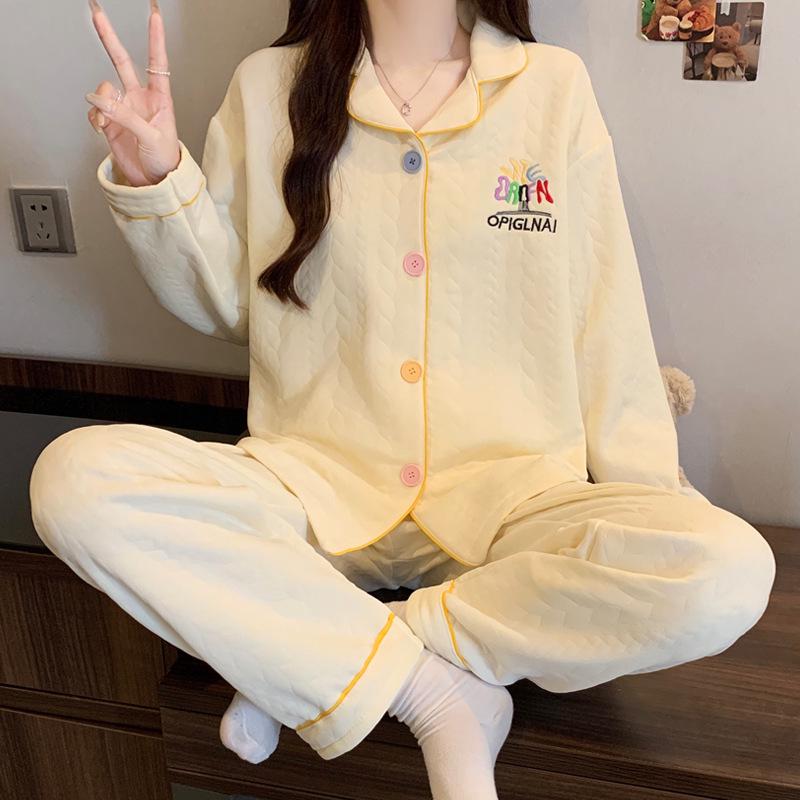 Women's Korean Style Thickened Cotton Pajama Set - Long Sleeve for Autumn/Winter, Simple Design, Home & Outdoor Wear.