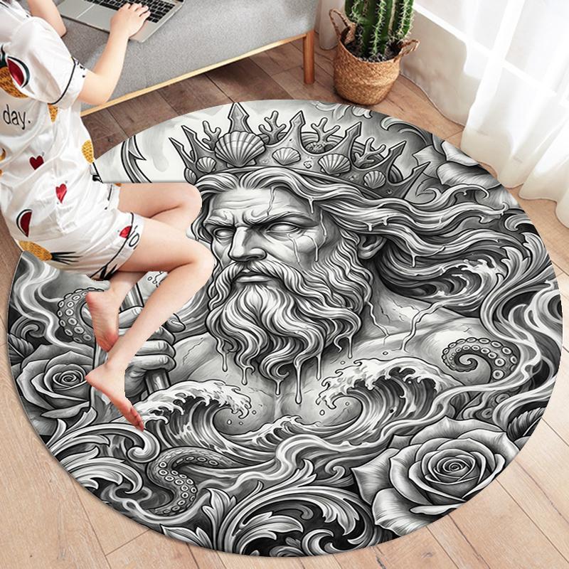 Sketch Truck Whale Poseidon Skeleton Round Area Rug,Carpet Rug for Living Room Bedroom Sofa Playroom Decor,Non-slip Floor Mat