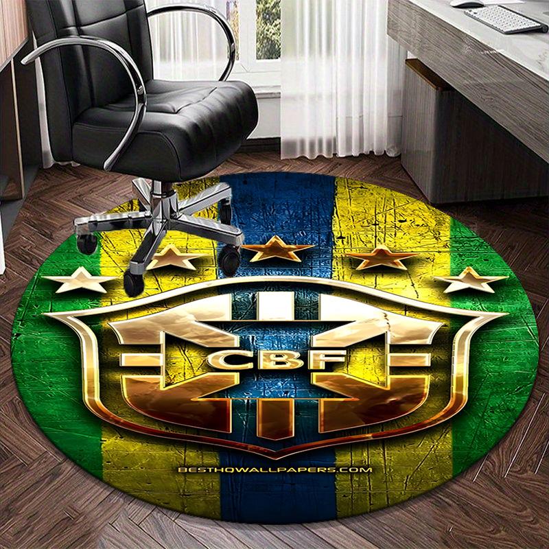 1PC round rug Brazilian Football Crest Printed Round Area Rug ,Rug For Home Office, Round Chair Rug, Decorative Carpet Fan gifts Christmas gift