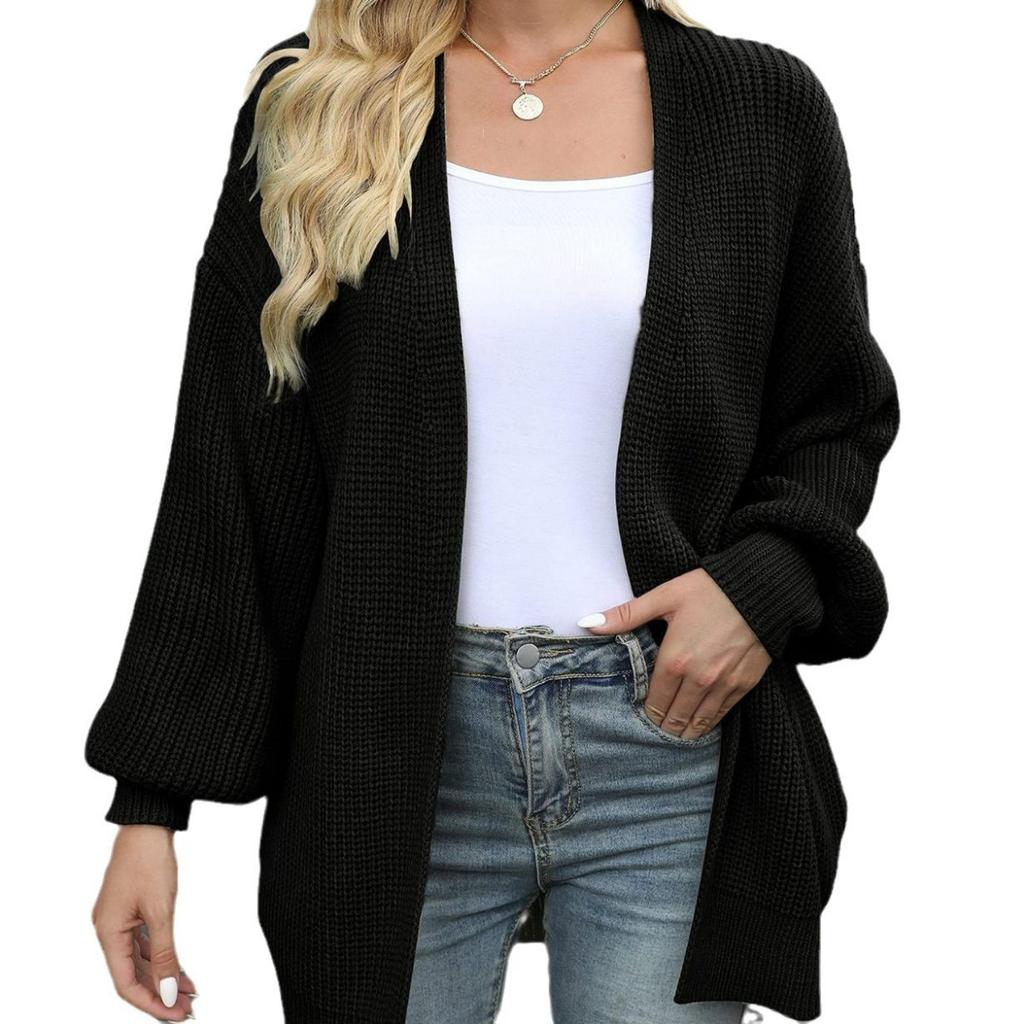 Fall Winter Women's Lantern Sleeve Thick Yarn Knit Cardigan Sweater Coat With Pockets, Outerwear For Women
