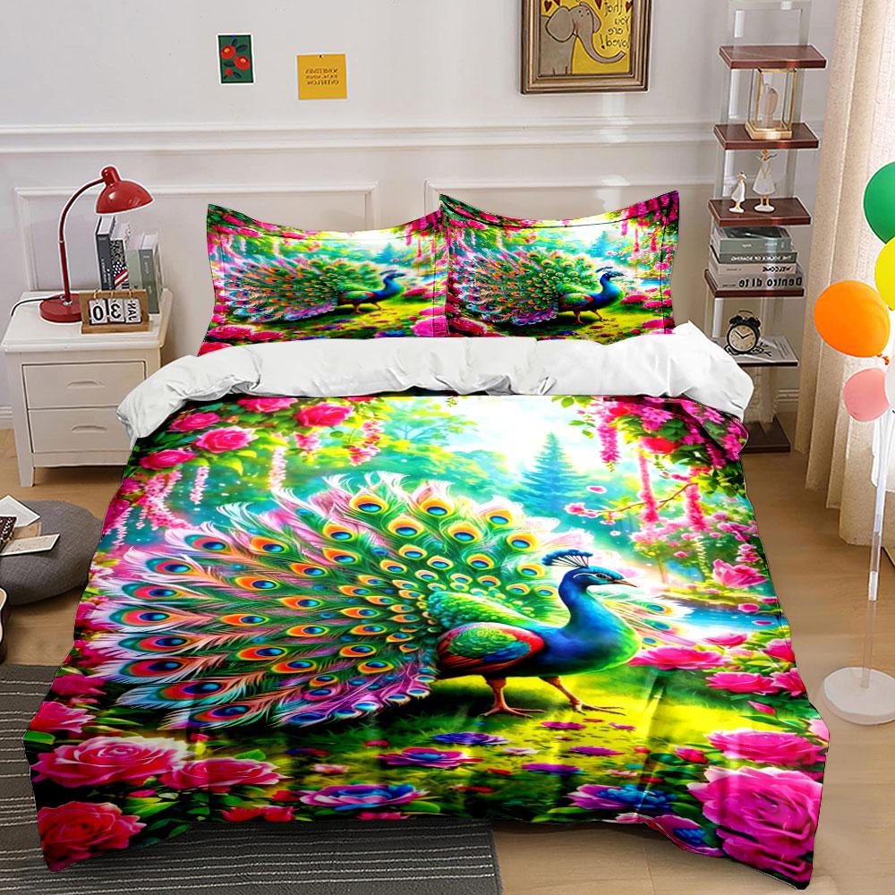 3pcs Peacock Rose Pattern 1 Duvet Cover+ 2 Pillowcases,Fashionable and soft Bedding set, Skin-Friendly, Suitable for Bedrooms