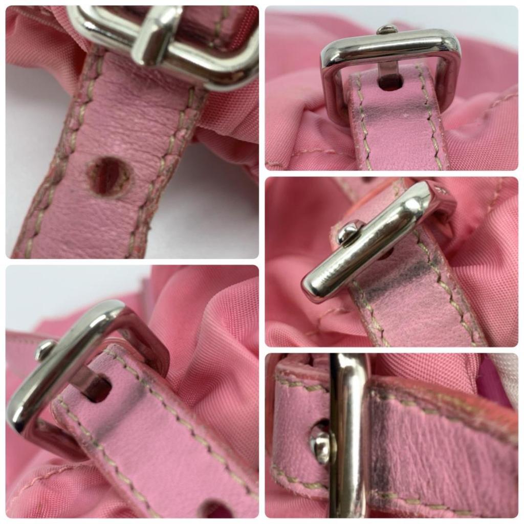 Prada Pocono Tessuto Nylon Ribbon Hand Tote Bag One Shoulder Strap Leather Pink Silver Hardware Triangle Logo Plate