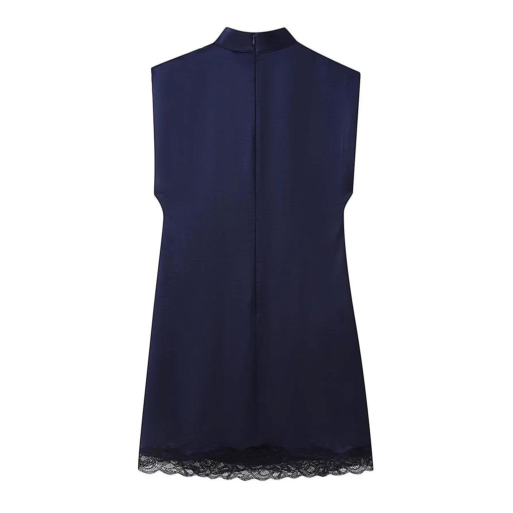 Popular spring new fashion lace splicing silk satin texture mini dress