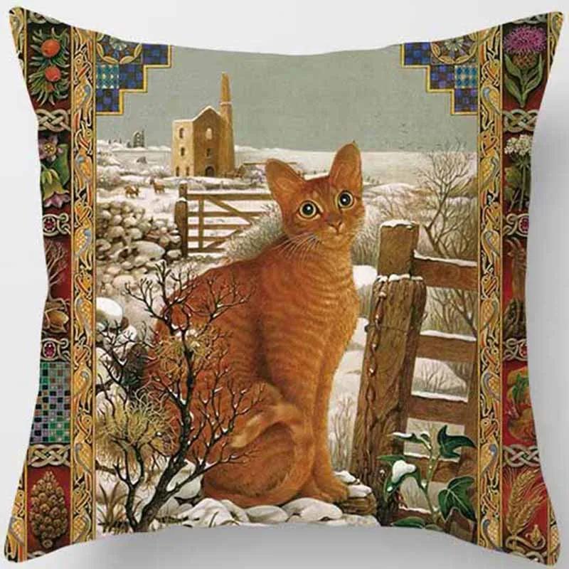 Vintage Cat Print Pattern Cushion Cover for Home Living Room Sofa Car Decoration Waist  Pillow