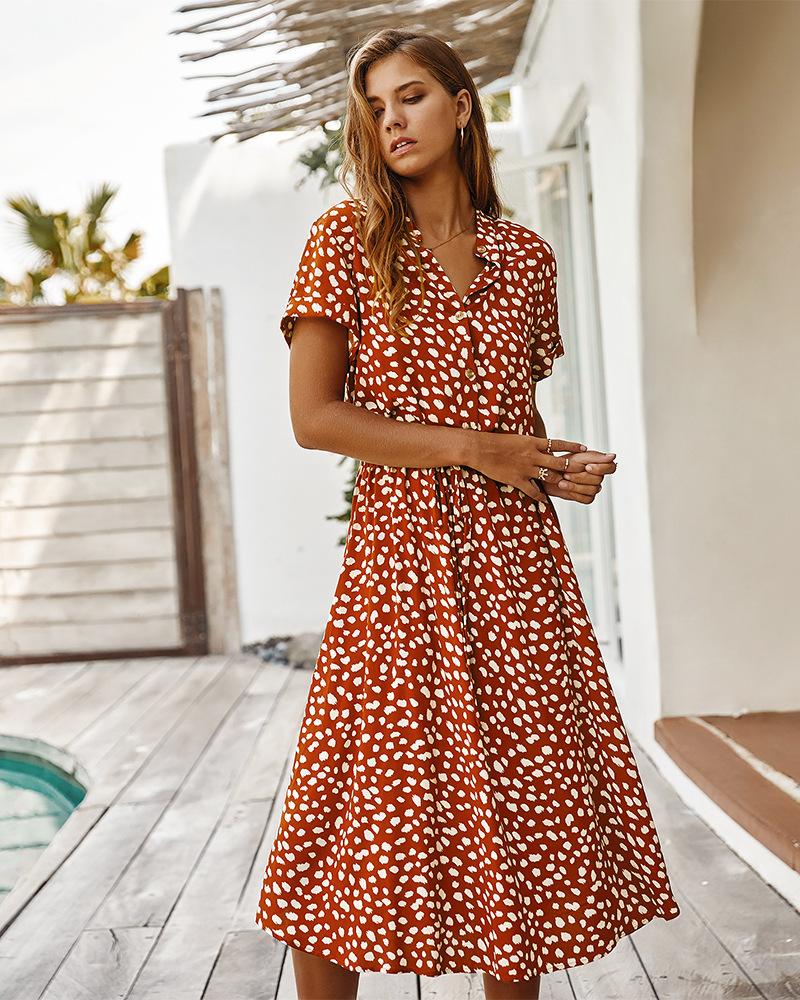 New Women's Polka Dot Chiffon Shirt Dress, V-Neck Short Sleeve Button Front Tie Waist A-Line Midi Dress for Spring Summer