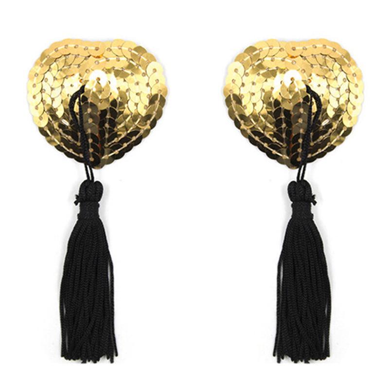 Heart-Shaped Sequined Nipple Covers with Tassels - Silicone Pasties Lingerie Accessories