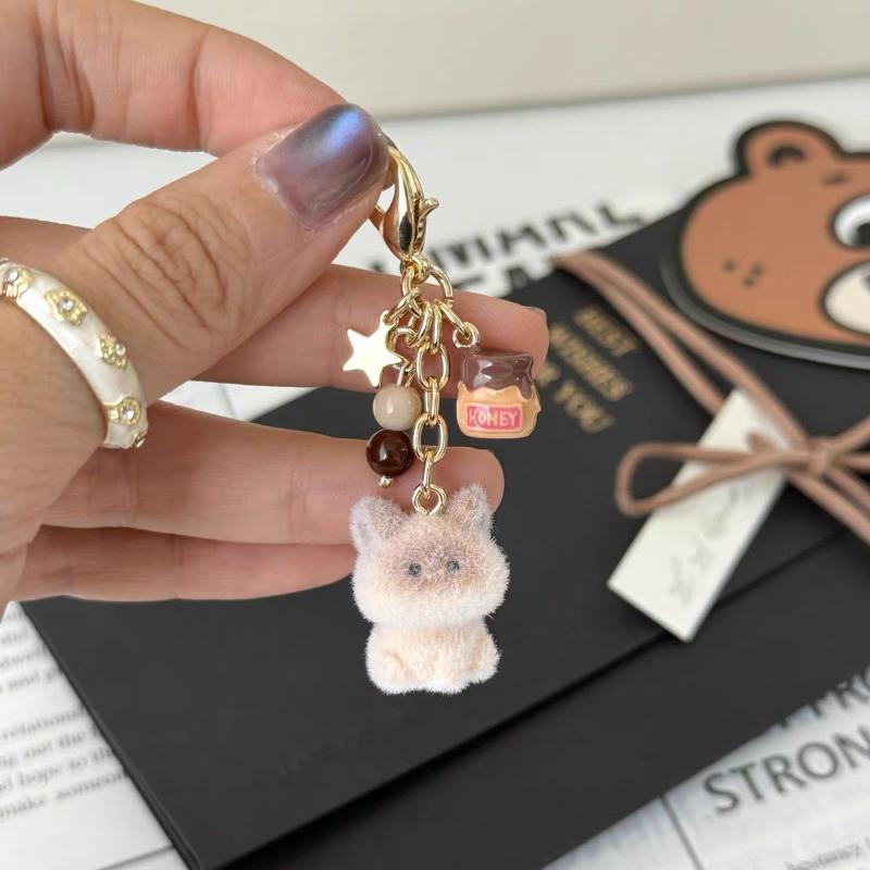 Cute Cartoon Flocked Cat Keychain Y2K Kitten Phone Lanyard Keyring Lovely Bag Pendant Camera Hanging Decoration Gifts