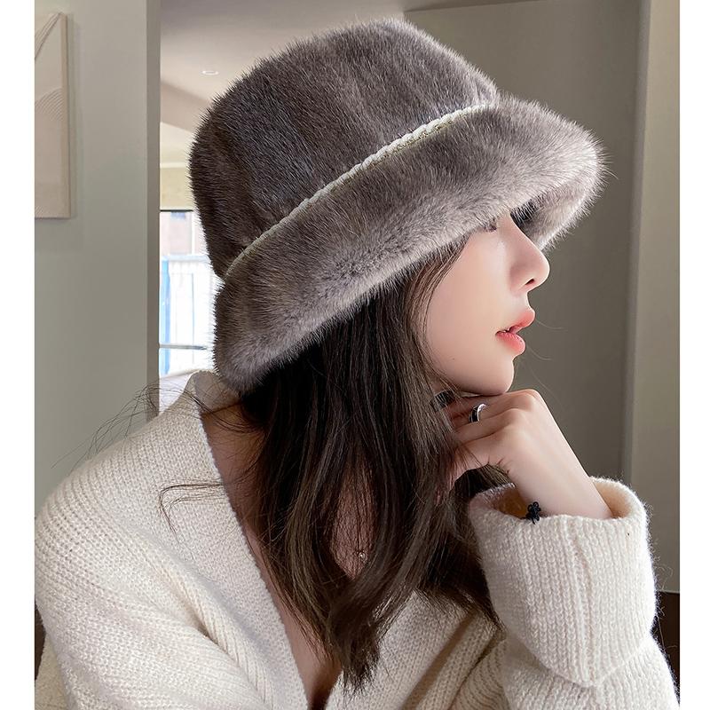 Hat Women Winter Fashion Fur Bucket Hat Mink Fur Whole Skin Fisherman's Hat Warm Hat