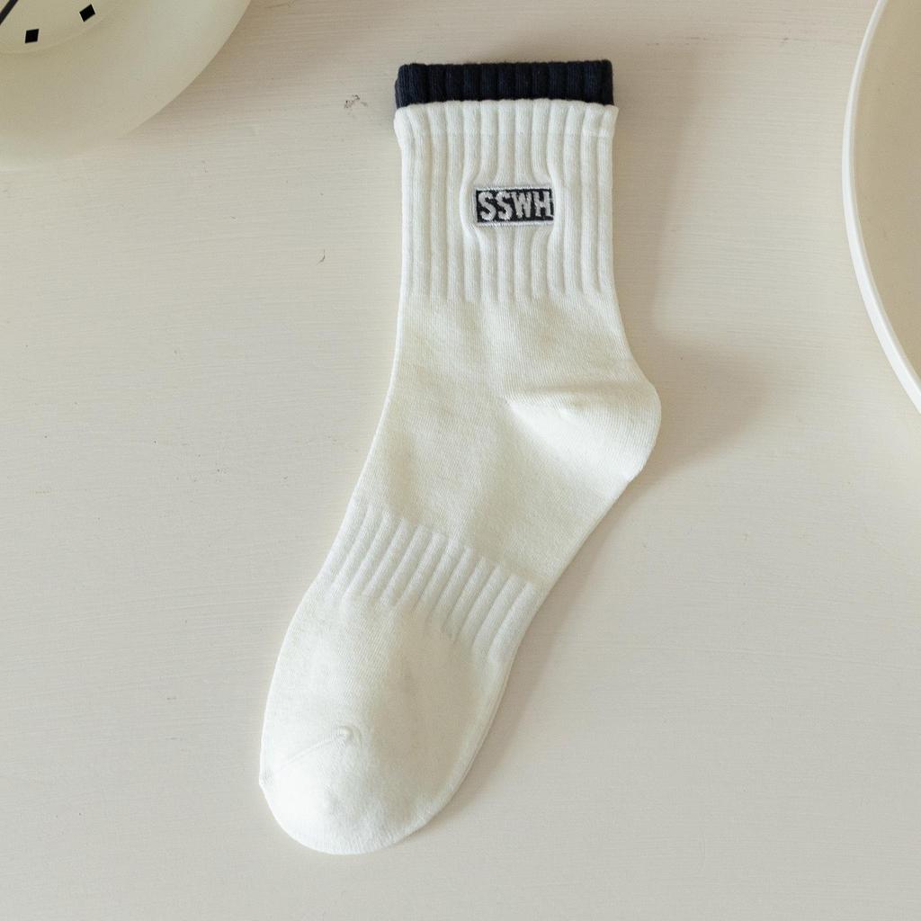 Dámské zimní bavlněné sportovní ponožky střední délky - Dvojité manžety, Vyšívaná písmena, Trendy, Teplé, Pohodlné.