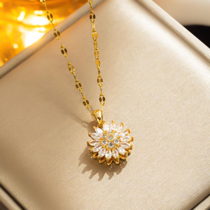 Sunflower Rhinestone Necklace & Rotatable Ring Set for Women