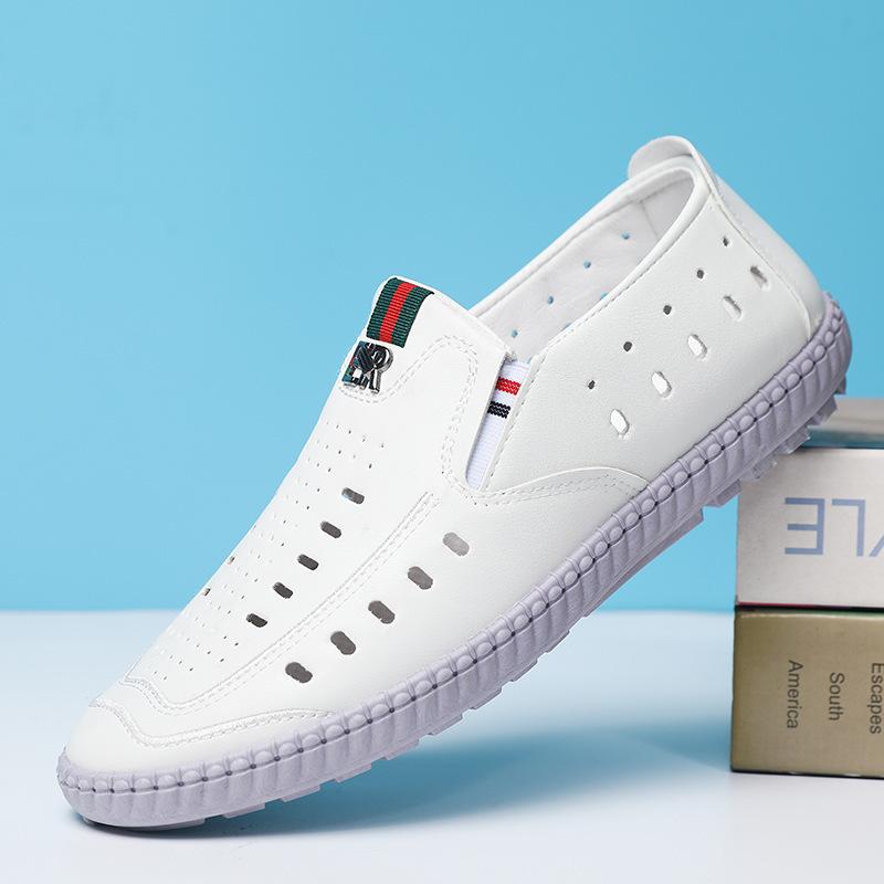 Men's sandals soft leather mesh breathable hollow hole shoes casual versatile lazy one pedal shoes