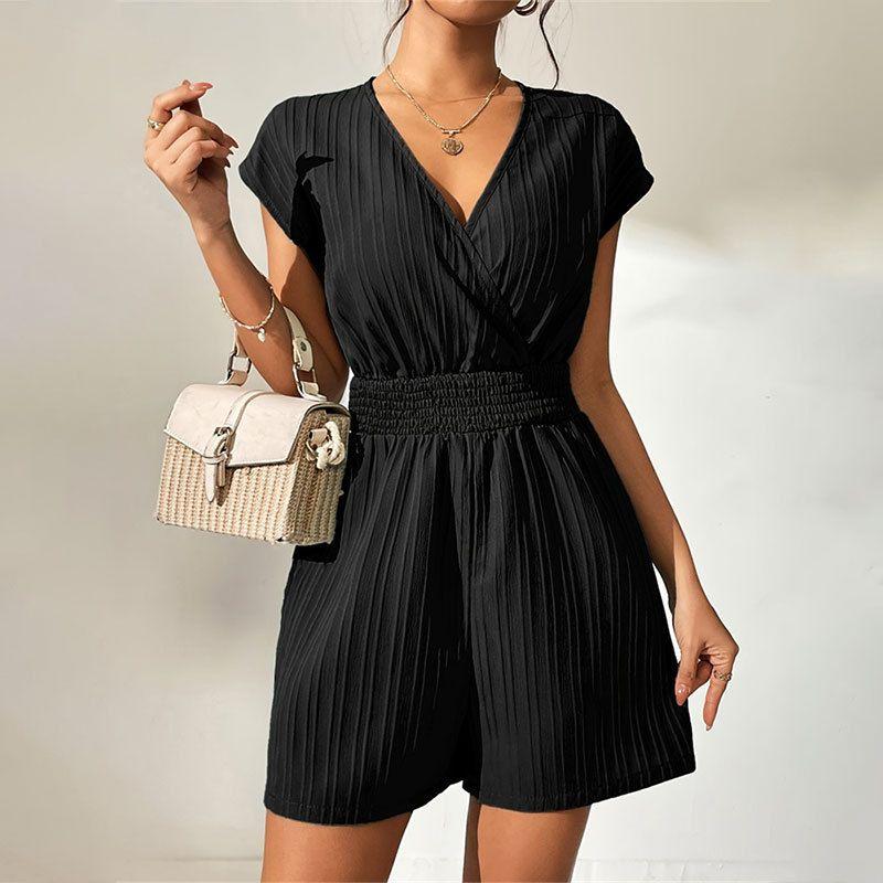 

Bow Tie Jumpsuit Summer New Women Jacquard Stripe Cross Collar Strap Bow Jumpsuit Black L