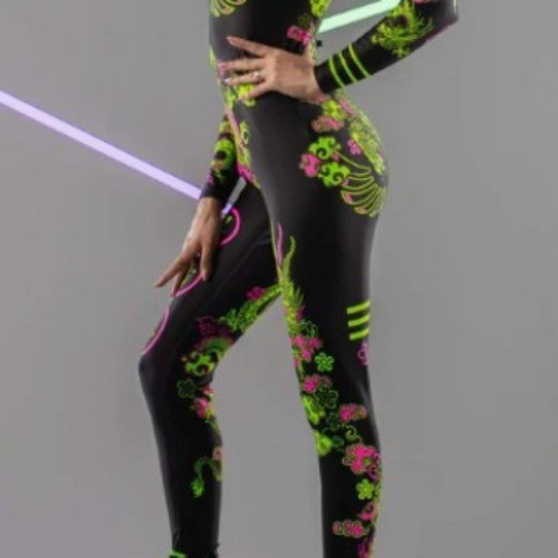 Adults Dancing Stage Party Performance Green Dragon Printing Outfit Women Halloween Cosplay Dress Up Costume Jumpsuit