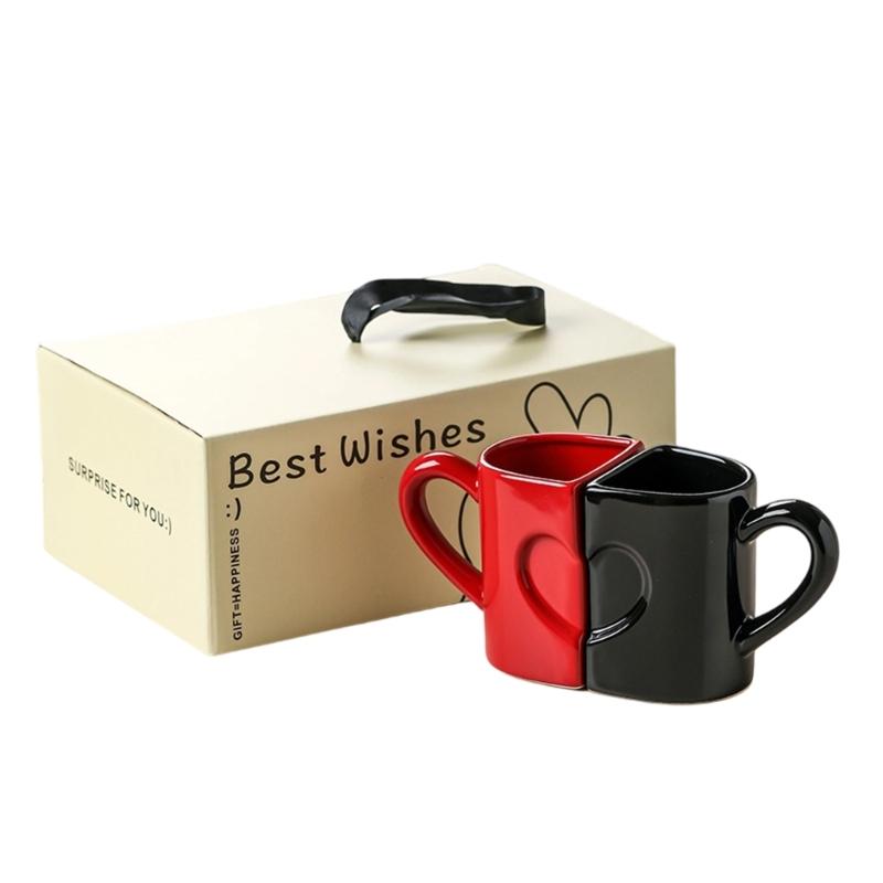 2-pack Hjärta Pussel Design Keramiska Muggar Bekvämt Handtag Kaffekopp för Par Romantiker Alla Hjärtans Dag Present