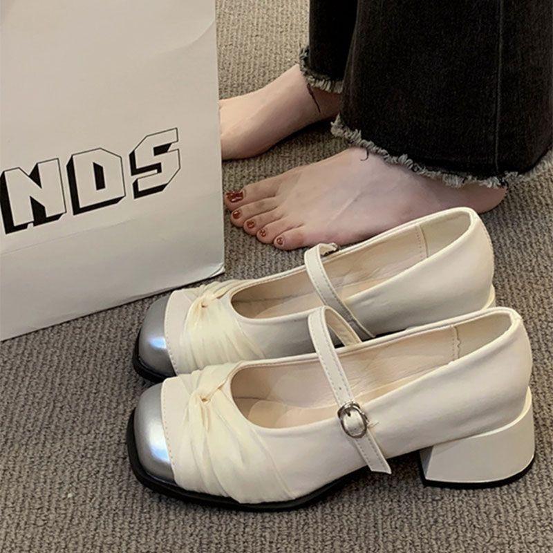 Mary Jane French fragrant high heels 2025 new high-end evening single shoes fashion leather shoes explosion beige thick heel