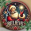 D Flat Santa Believes Round Aluminum Christmas Wreath Sign  Festive Door Hanging Decor with Sparkling Stars  Holiday Motifs