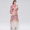 2026 Summer Holiday Chiffon Gorgeous Flower Maxi Dress Women's Stand Long Lantern Sleeve Sashes Floral Print Loose Robes