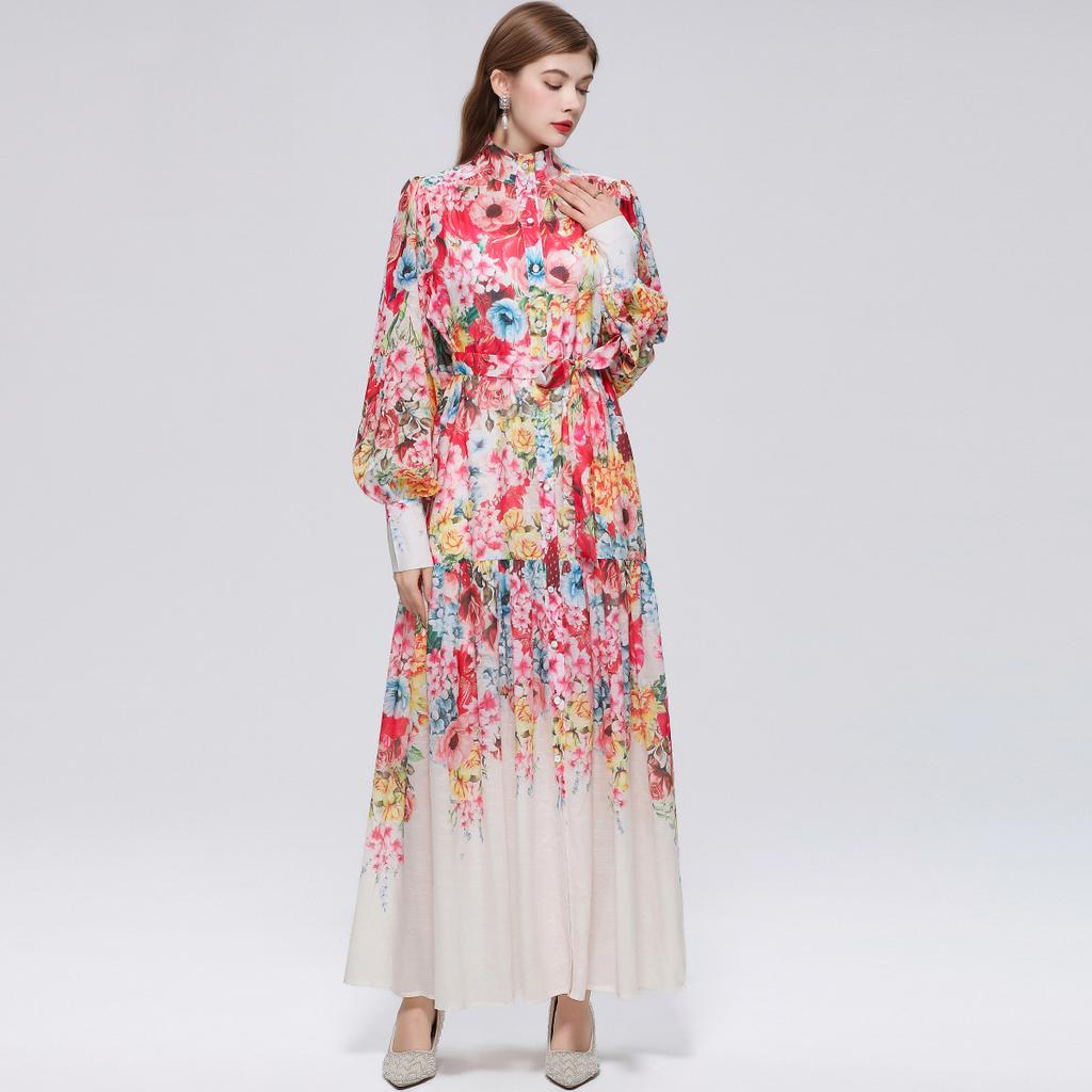 2026 Summer Holiday Chiffon Gorgeous Flower Maxi Dress Women's Stand Long Lantern Sleeve Sashes Floral Print Loose Robes