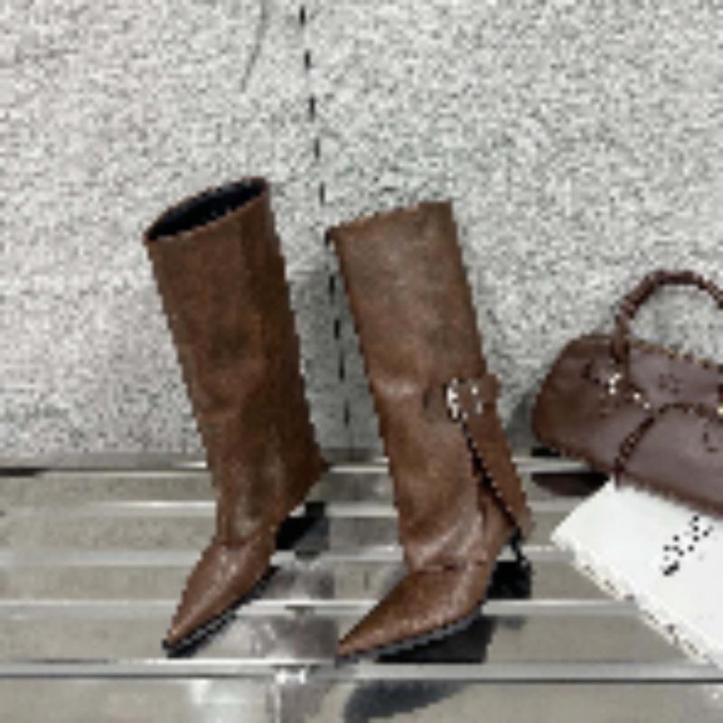 2025 autumn and winter new but knee fashion boots British leather buckle pointed stiletto women's boots personalized trouser boots
