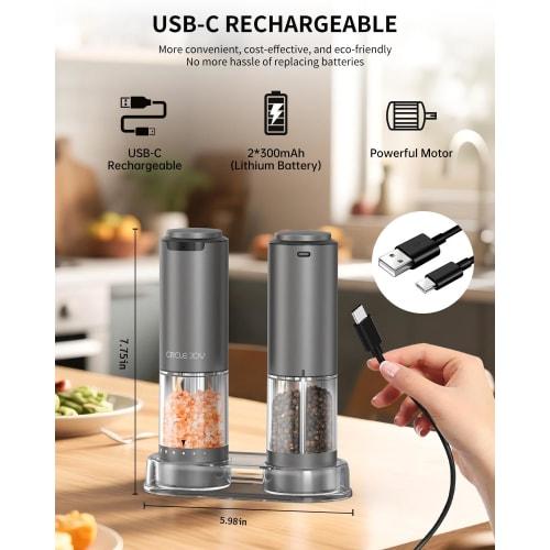 CIRCLE JOY Rechargeable Electric Salt and Pepper Grinder Set with Base, Aluminum Alloy Pepper Mill, 95ml Container, White LED Light, and Adjustable Ex