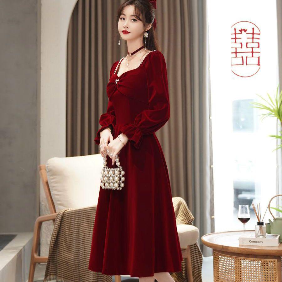 

2025 Платье винного цвета для весенне-осенней свадьбы, помолвки или вечера встречи выпускников – Элегантный наряд для невесты и особого случая M 48-52kg