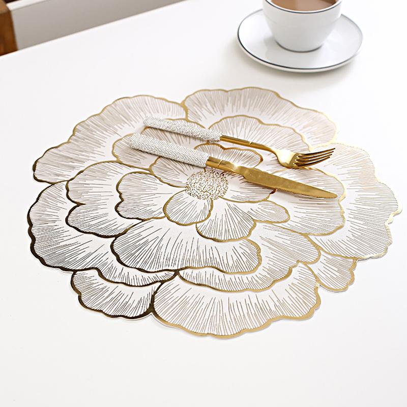 Peony Flower Placemat Nordic Style Gold Color Coaster Decorative Dinning Table Mat Waterproof Non-slip Heat Table Pad Home Decor