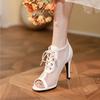 FOREADA Women Hollow Mesh High Heels Sandals Peep Toe Stilettos Lace-up Sexy Jazz Dance Boots Ladies Fashion Shoes Summer 46