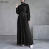 ZANZEA Women Casual Turn Down Collar Loose Long Sleeve Pleated Dress