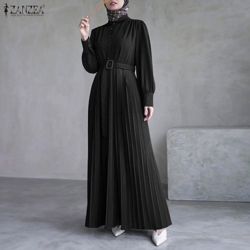 ZANZEA Women Casual Turn Down Collar Loose Long Sleeve Pleated Dress