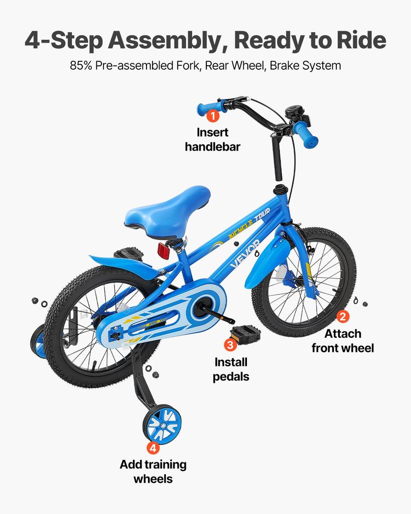 VEVOR Kids Bike, 45.72 Cm BMX Style Children Bicycle, Rider Height 110 Cm - 140 Cm, Training Wheels Included, Sturdy and Easy To Assemble
