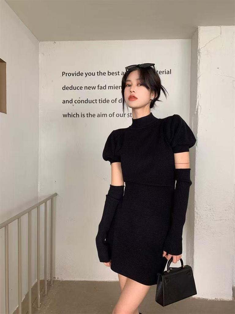 Slim Fit Red Knit Dress - Women's Sexy Waist-Cinched Autumn/Winter Skirt