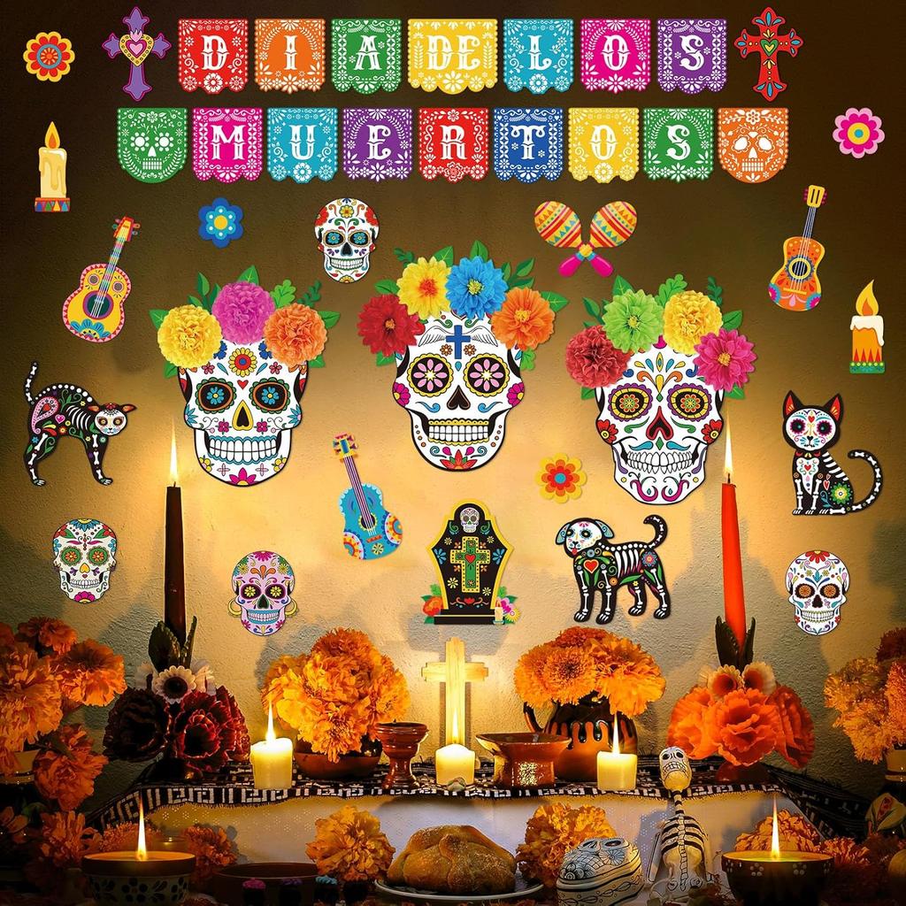 Pasimy Day of The Dead Bulletin Board Set Colorful Sugar Skull Classroom Decorations Mexican Dia De Los Muertos Cutouts with 3D Paper Flowers for