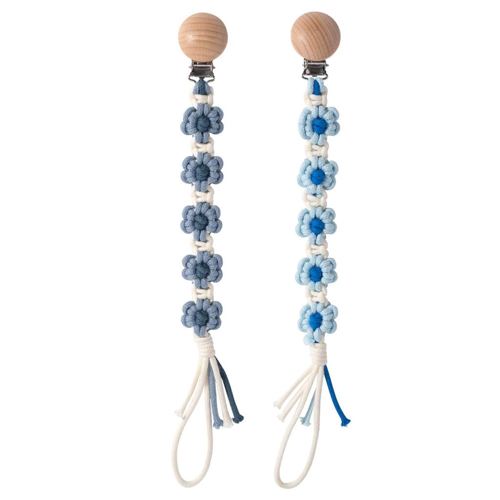 Symbolife Pacifier Daisy Floral with Wooden 30cm Unisex Blue Frost Clip, Print, Clip, Stretchable, Cotton, (Baby & Blue)