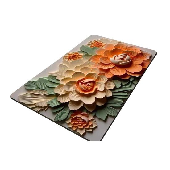 3D Floral Bath Mat Diatomaceous Earth Absorbent Floor Mat Anti Slip Realistic Oil Painting Flowers Bathroom Rug for Home Entrance Shower Kitchen