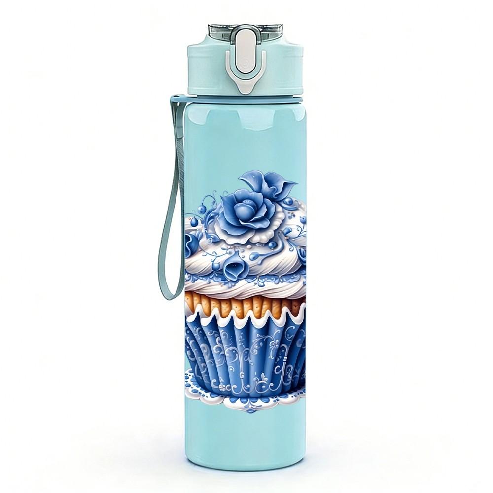 1PC Blue Frosted Cupcake 750ml Color Plastic Sports Water Bottle Leakproof Flip Straw Lid Suitable for Sports Office Home Use