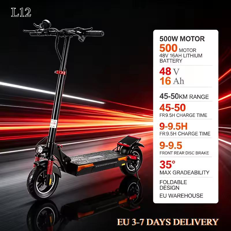 L12 Monopattino Elettrico Pieghevole Fuoristrada per Adulti 500W 48V 16Ah 50kmh Autonomia 45-50KM Pendenza 35 Gradi Doppio Freno a Disco Impermeabile UE Disponibile