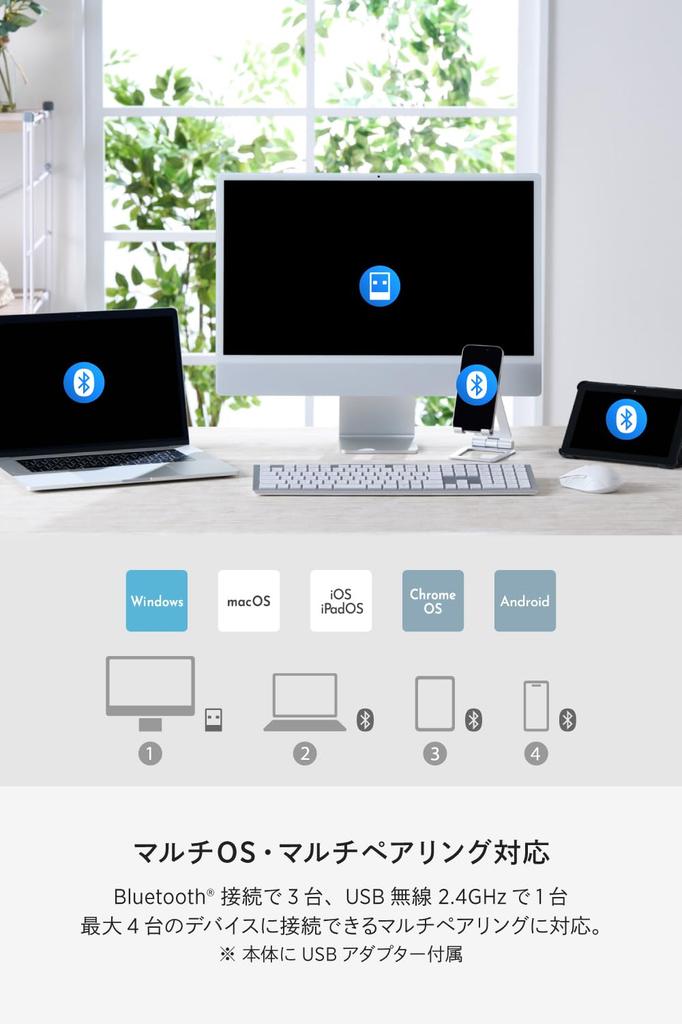 Elecom Precisionist Wireless Thin Pantograph Full Keyboard, Bluetooth, 2.4GHz, Multi-Pairing (4 Devices), Rechargeable, Type, Size, White,