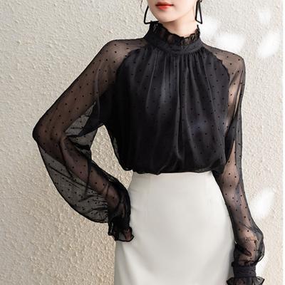 Schwarzes gepunktetes Rüschen-Stehkragen Casual Chiffonhemd Damen Frühling Locker Langarm Locker Damenblusen Elegant Vintage Einfarbig Blusentops 25864