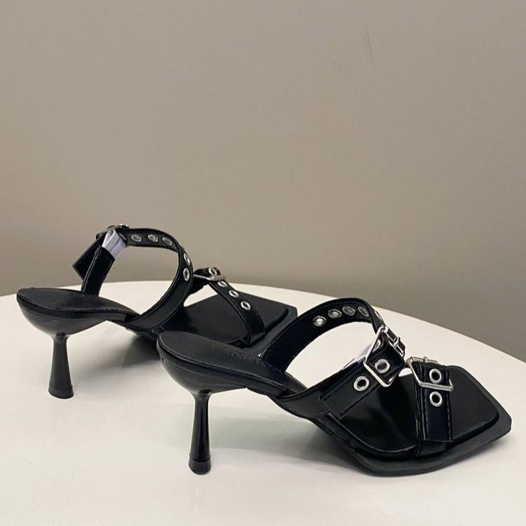 2024 Summer New Buckle Sandals Women's Sexy Line with Thin Heels Open Toe Slippers Fashion All-matching High Heels