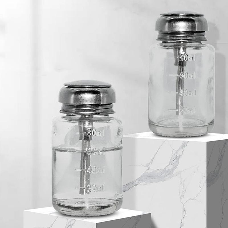Nach unten drücken, leerer Pumpspender aus Glas für Nagellack, Alkohol, Make-up-Entferner, klare, nachfüllbare Flasche, Aufbewahrung von Flüssigreinigern